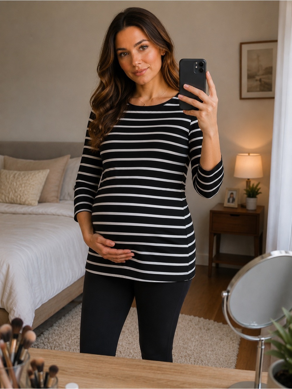 Isabel Maternity Black White Striped 3/4 Sleeve Top NWT B-25